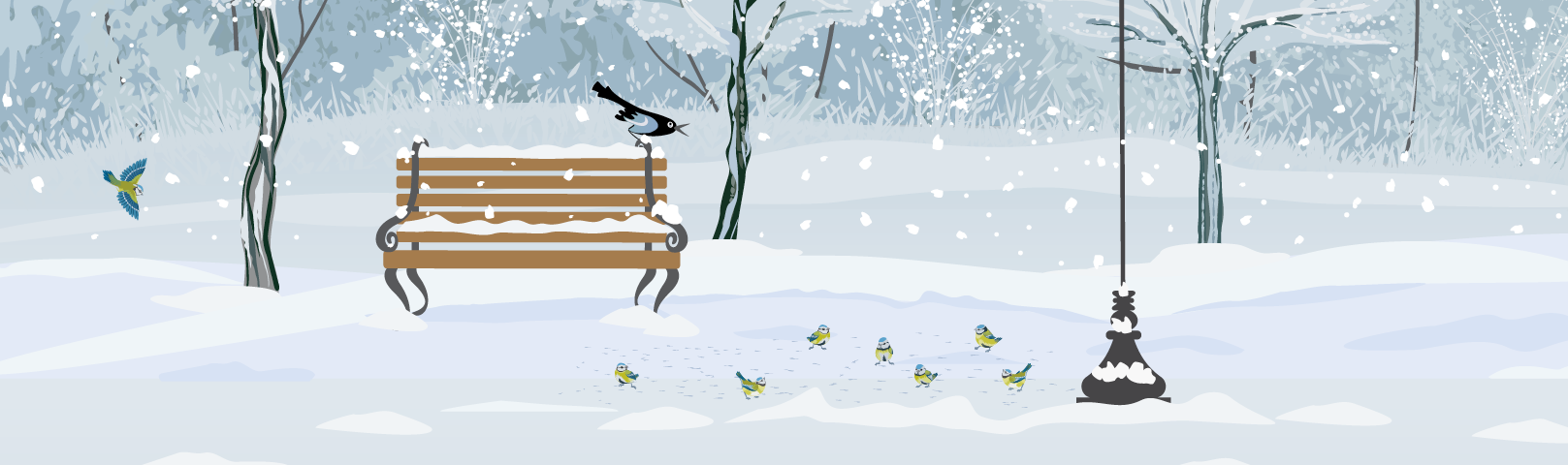Illustration of a park bench on a snowy winter day