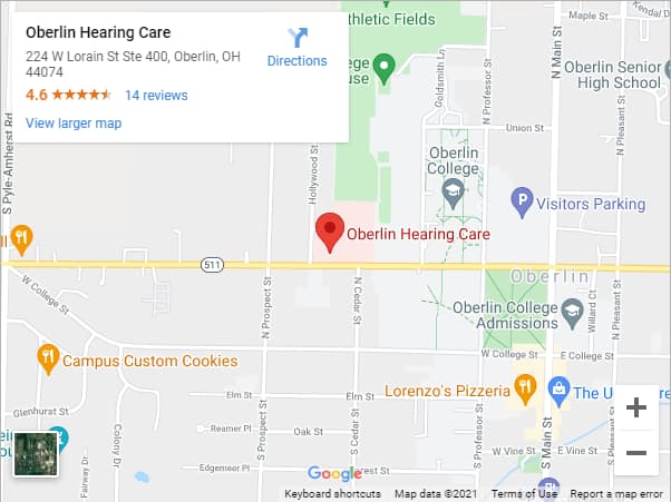 A map of the area around and including Oberlin Hearing Care in Oberlin, OH